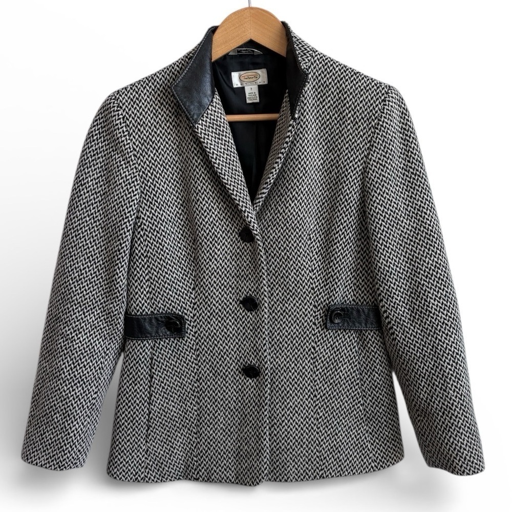 Talbots Petites Wool Herringbone Blazer Leather Trim Size 2 Petite